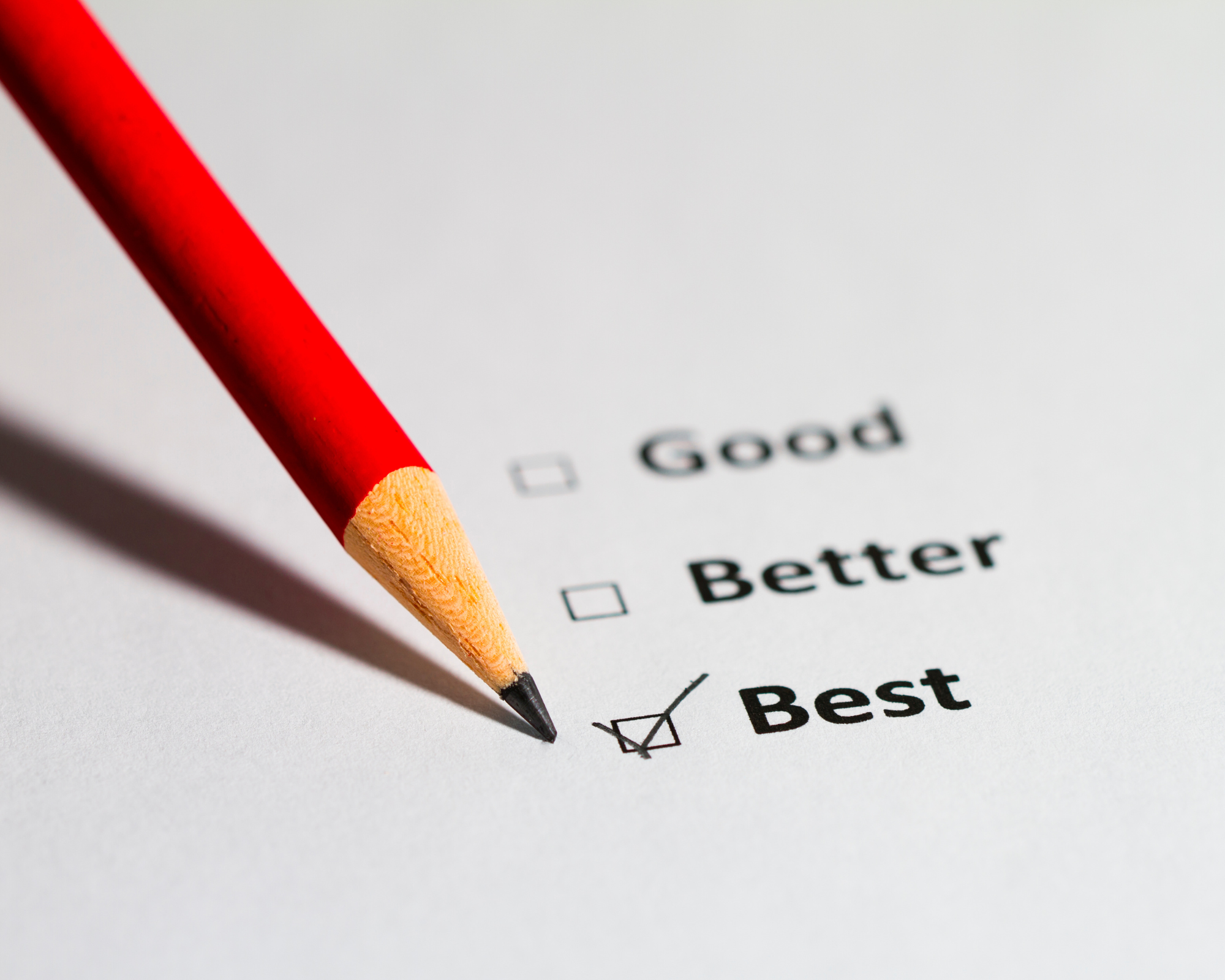 Best fit A pencil ticking 'Best' out of 'Good', 'Better' and 'Best' - depicting streamlining the on-boarding process for your client journey