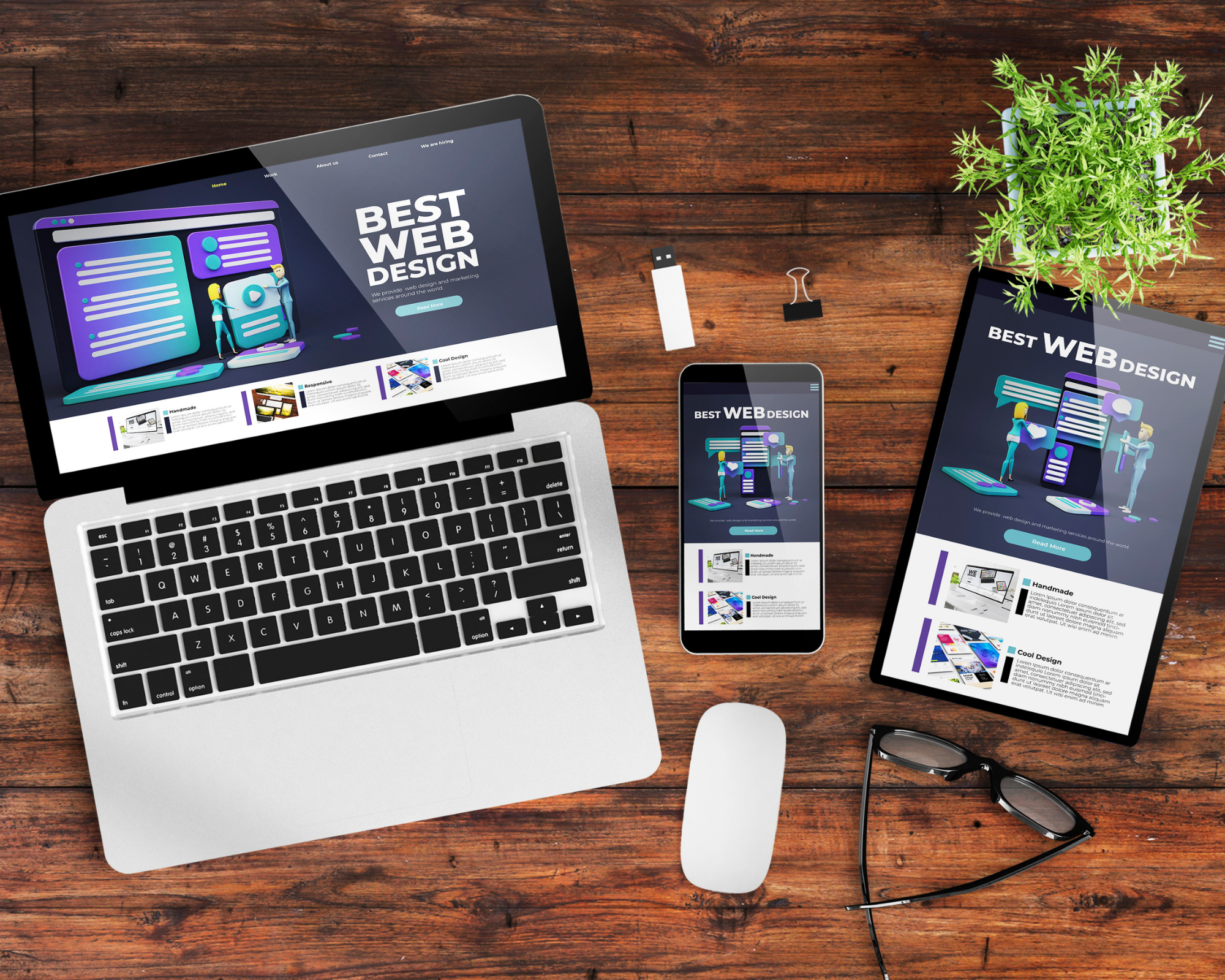 User Friendly Website Image of laptop, phone and ipad with glasses and mouse - depicting the importance of a user friendly website in the client journey